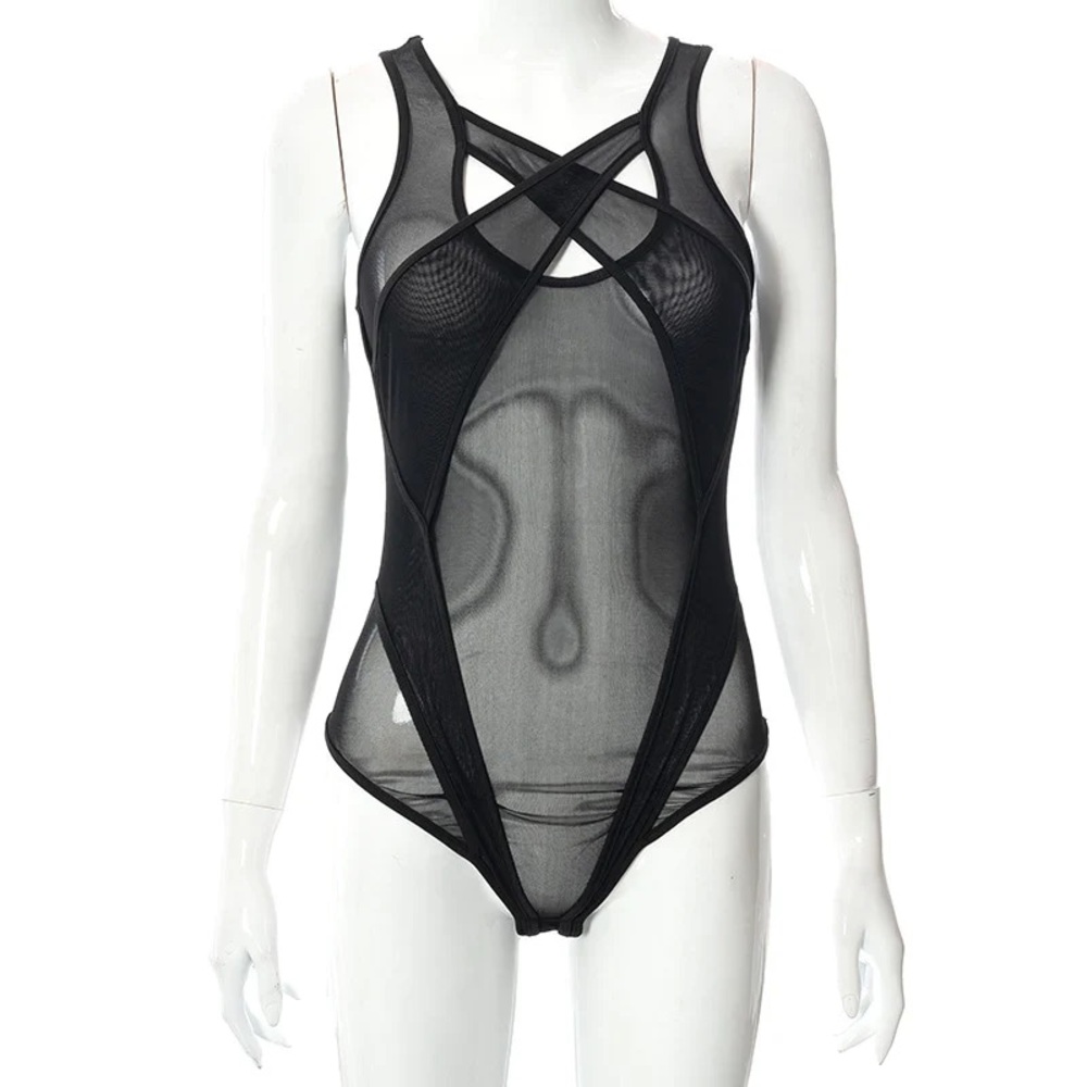 Sheer Mesh Bodysuit | Criss Cross Cutout One Piece - Picture 2 of 8